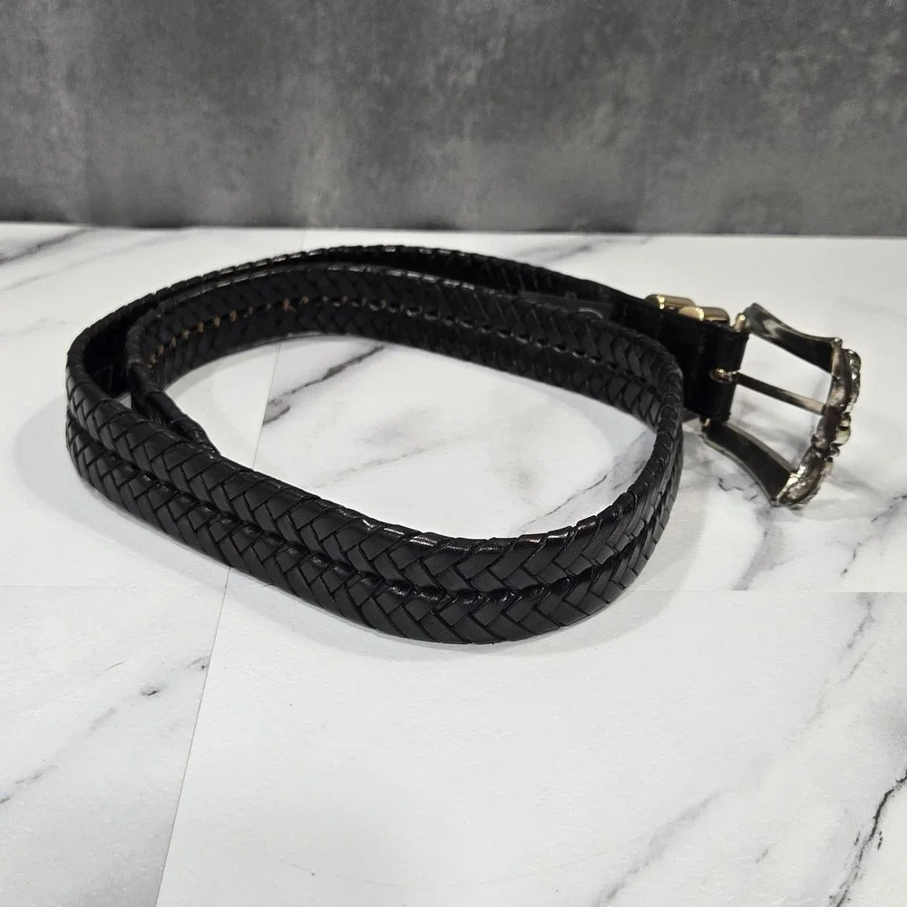 Vintage Brighton Woven Leather Belt Womens 34 Black Silver Ornate Buckle 97083
